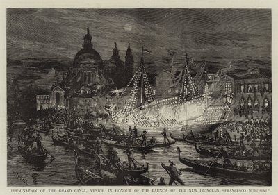 Iluminación del Gran Canal, Venecia, en honor del lanzamiento del nuevo acorazado, Francesco Morosini de William Lionel Wyllie