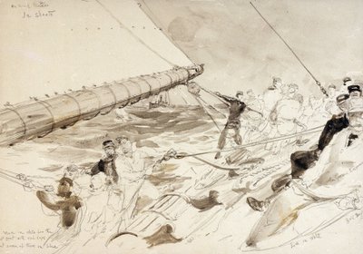 A bordo del yate imperial alemán "Meteor" (1902), con los nombres de los tripulantes, incluido el emperador alemán (Kaizer) Wilhelm II (Guillermo II) (1859-1941), a la derecha. de William Lionel Wyllie