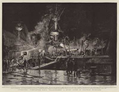 Horas extras, completando el HMS Magnificent, una escena nocturna en el astillero de Chatham de William Lionel Wyllie