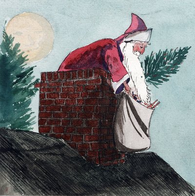 Papá Noel, bajando por una chimenea, arrastrando una bolsa llena de juguetes y un árbol de Navidad. Acuarela, principios del siglo XX, de William Lionel Wyllie (1851-1931). de William Lionel Wyllie