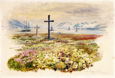 Search Bay (Research Bay, Tasmania, Australia), dos cruces plantadas en parterres con barcos a lo lejos. Acuarela de William Lionel Wyllie