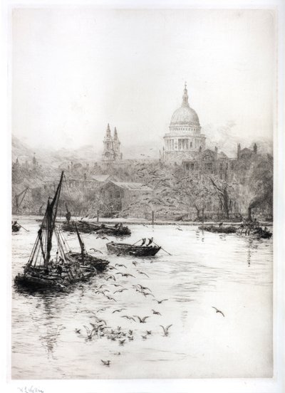Navegación y gaviotas bajo St Pauls (acuarela) de William Lionel Wyllie