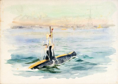 Estudio de un submarino de clase A en marcha, posiblemente en el puerto de Portsmouth, principios del siglo XX (acuarela, grafito) de William Lionel Wyllie