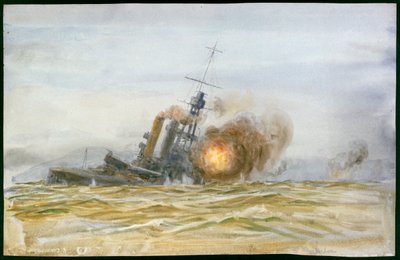 Estudio del antiguo acorazado alemán "Baden", listado y bajo fuego como blanco de artillería en 1921. de William Lionel Wyllie