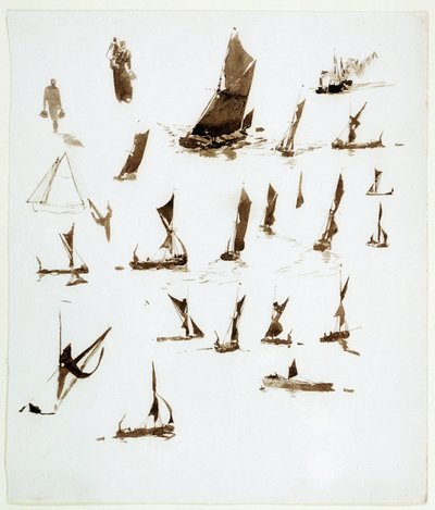 Estudios de casas flotantes en el Támesis (Inglaterra). Gouache extraído de un cuaderno, hacia 1890, de William Lionel Wyllie (1851-1931). de William Lionel Wyllie