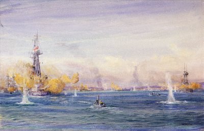 La Batalla de los Dardanelos (1915) (Turquía), durante la campaña de Galípoli, en el Mar de Mármara. Acuarela, hacia 1915, de William Lionel Wyllie (1851-1931). de William Lionel Wyllie