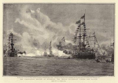 La Revisión de la Coronación en Spithead, el Royal Sovereign disparando el Saludo de William Lionel Wyllie