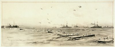 La flota alemana de alta mar enjaulada en Scapa, c.1918 (lavado, gris, realzado con blanco) de William Lionel Wyllie