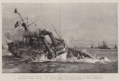 La pérdida del HMS Victoria, el buque insignia hundiéndose después de ser embestido por el HMS Camperdown de William Lionel Wyllie