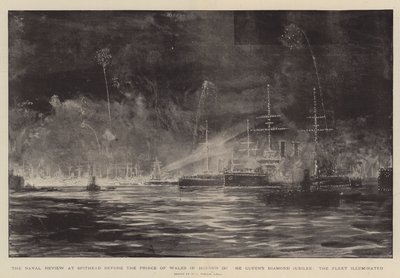 La Revista Naval en Spithead ante el Príncipe de Gales en Honor del Jubileo de Diamante de la Reina, la Flota Iluminada de William Lionel Wyllie