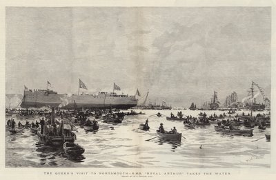 La visita de la Reina a Portsmouth, el HMS Royal Arthur toma el agua de William Lionel Wyllie