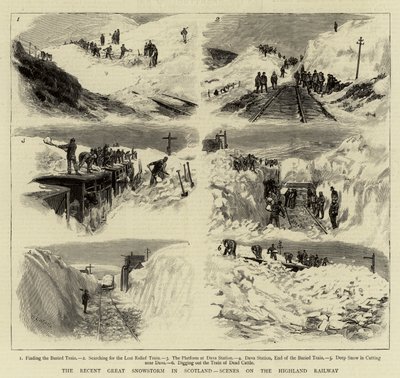 La reciente gran tormenta de nieve en Escocia, escenas en el ferrocarril de las Tierras Altas de William Lionel Wyllie