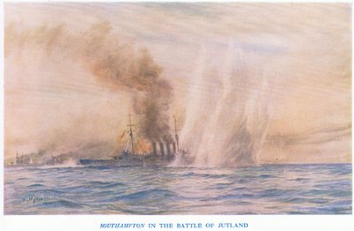 El Southampton en la batalla de Jutlandia, de Cassells History of the British People publicado por la Waverley Book Company Limited, c.1940 de William Lionel Wyllie