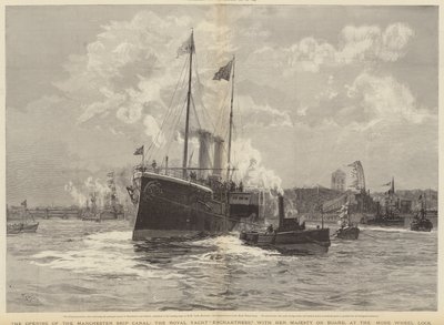 La inauguración del Canal de Navegación de Manchester, el Yate Real Enchantress con Su Majestad a Bordo, en la Esclusa Mode Wheel de William Lionel Wyllie