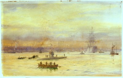 En esta vista se ve el puerto por el lado de Gosport, donde se aproxima un submarino con otro delante. de William Lionel Wyllie