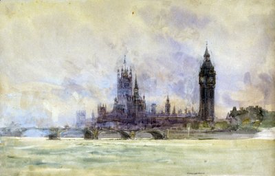 Puente de Westminster, Parlamento y Big Ben, en Londres (Inglaterra). Acuarela, finales del siglo XIX, principios del XX, de William Lionel Wyllie (1851-1931). de William Lionel Wyllie