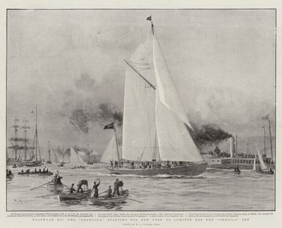 Hacia el oeste, el Shamrock partiendo hacia Nueva York para competir por la Copa América de William Lionel Wyllie