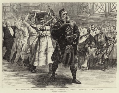 La cena de Halloween de los Voluntarios Escoceses de Londres, trayendo el Haggis de William Lockhart Bogle