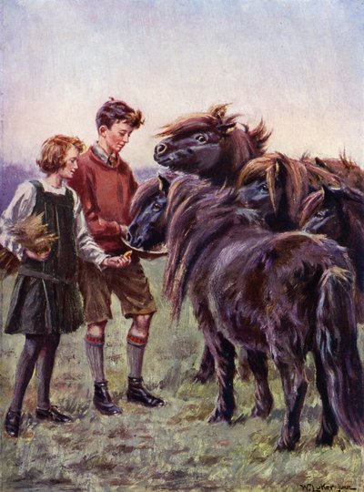 Niño y niña alimentando ponis Shetland (litografia de color) de William Luker