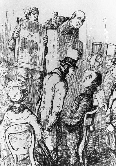 Elefante en venta, ilustración para el capítulo 17 de Vanity Fair, novela de William Makepeace Thackeray (1811-1863), grabado según dibujo de William Makepeace Thackeray (1811-1863), publicado en Chicago en 1882. de William Makepeace Thackeray