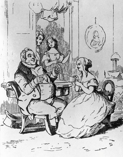 Mr Joseph Sedley enredado por Becky Sharp, ilustración para el 1er capítulo de Vanity Fair, novela de William Makepeace Thackeray (1811-1863), grabado según dibujo de William Makepeace Thackeray (1811-1863), publicado en Chicago en 1882. de William Makepeace Thackeray