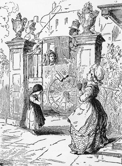 La despedida de Rebeca, capítulo I, ilustración para Vanity Fair, novela de William Makepeace Thackeray (1811-1863), grabado según dibujo de William Makepeace Thackeray (1811-1863), publicado en 1882, Chicago. de William Makepeace Thackeray