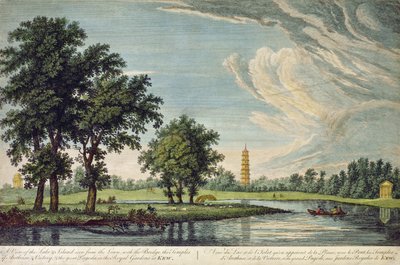 Vista del lago y la isla desde el césped, con el puente, los templos de Arethusa y Victoria y la Gran Pagoda en los Jardines Reales de Kew de William Marlow