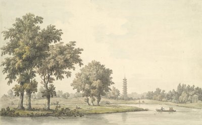 Vista del lago y la isla desde el césped en Kew, 1763 de William Marlow