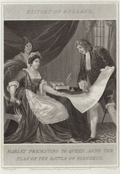 Harley presentando a la Reina Ana el plan de la batalla de Blenheim de William Marshall Craig