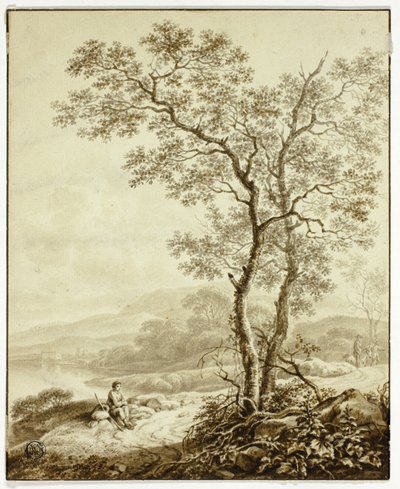 Carretera serpenteante junto a un lago, con un gran árbol y un viajero descansando en primer plano de William Marshall Craig
