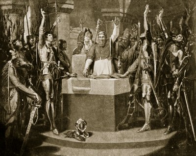 El juramento de los barones, 1214, ilustración de Hutchinsons Story of the British Nation, c.1920 de William Martin