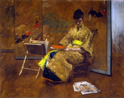 Una chica en bata japonesa. El kimono ca. 1887. de William Merritt Chase