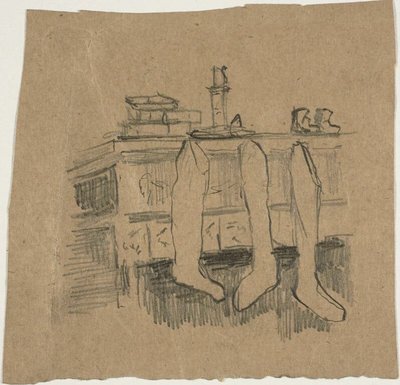 Medias de Navidad colgadas sobre la chimenea de William Michael Harnett