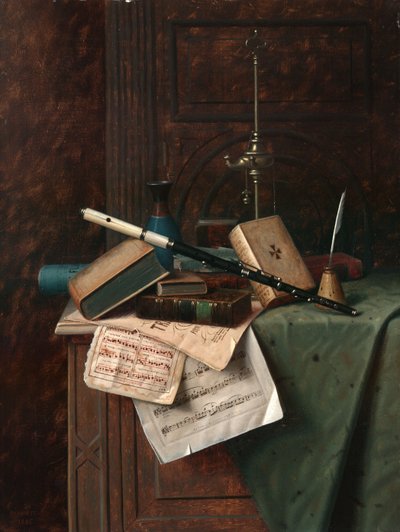 Naturaleza muerta con flauta, jarrón y lámpara romana de William Michael Harnett