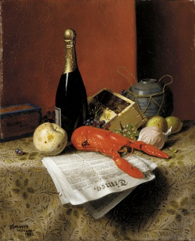 Naturaleza muerta con langosta, fruta, champán y periódico, 1882 de William Michael Harnett