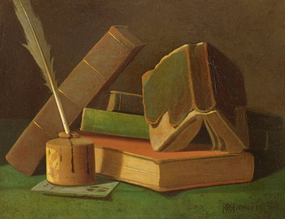 Naturaleza muerta con libros y tintero de William Michael Harnett