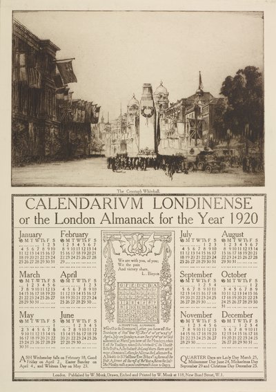 Calendarium Londinense, o el Almanaque de Londres para 1920, coronado por una vista del Cenotafio, Whitehall, 1919 de William Monk