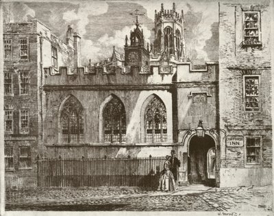 Cliffords Inn Hall y Torre del Reloj, con la Torre del Faro de St. Clement Danes al fondo, 1934 de William Monk