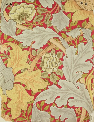Hojas de acanto y rosa silvestre sobre un fondo carmesí, diseño de papel tapiz de William Morris