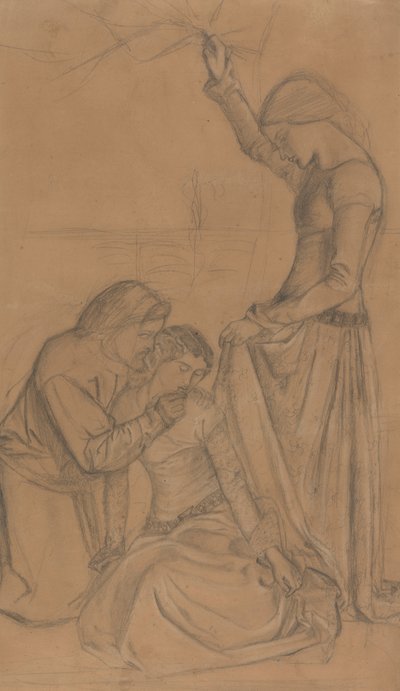 Composición de tres figuras en un jardín de William Morris