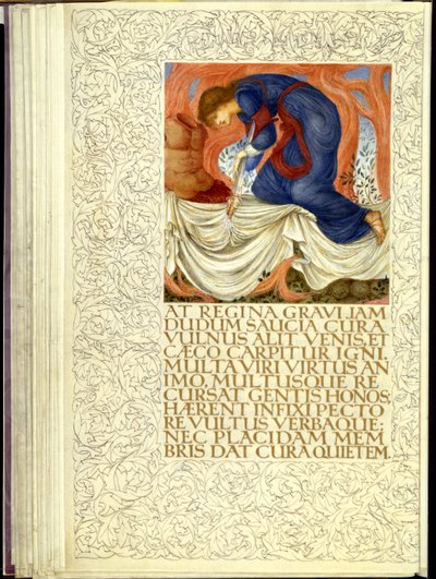 Dido apuñalándose, apertura del Libro IV de la "Eneida" de Virgilio de William Morris