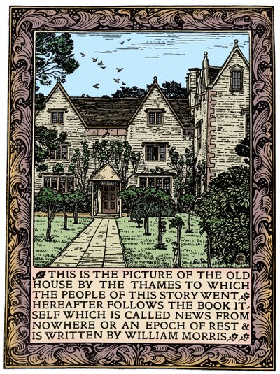 Kelmscott Manor, Gloucestershire, frontispicio de Noticias de Ninguna Parte, c. 1892-1901 de William Morris