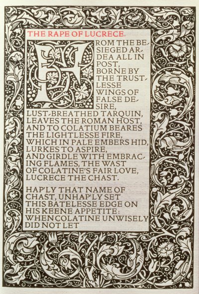 La violación de Lucrecia, de "The Poems of William Shakespeare" publicado por Kelmscott Press de William Morris