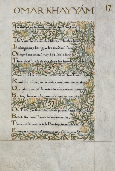 El Rubaiyat de Omar Khayyam; versos 55 - 57. Caligrafiado y decorado por William Morris, con bordes de follaje y flores. de William Morris