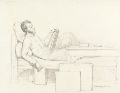 Autorretrato del artista recostado en un sofá gótico leyendo un libro de William Mulready