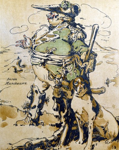 Barón Munchausen, ilustración de "Characters of Romance", publicado por primera vez en 1900 (litografía en color) de William Nicholson