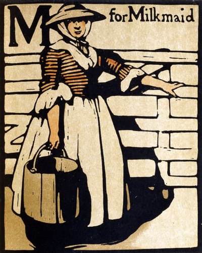 M de Milkmaid, ilustración de "An Alphabet", publicado por William Heinemann de William Nicholson