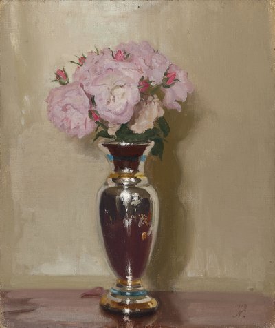 Rosas rosas en un jarrón plateado de lustre de William Nicholson