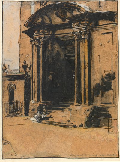 The Doorway of the old Ashmolean Museum, Oxford (pluma y tinta, tiza negra y aguada con realce blanco sobre papel de calco) de William Nicholson