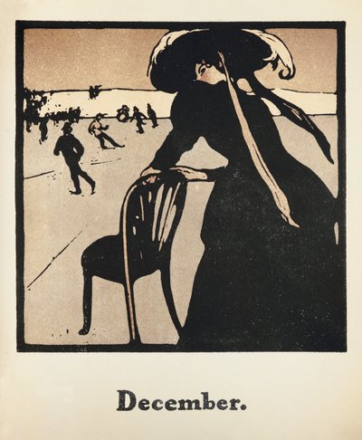 El mes de diciembre: Patinaje, de "Un almanaque de doce deportes", con palabras de Rudyard Kipling, publicado por primera vez por William Heinemann de William Nicholson
